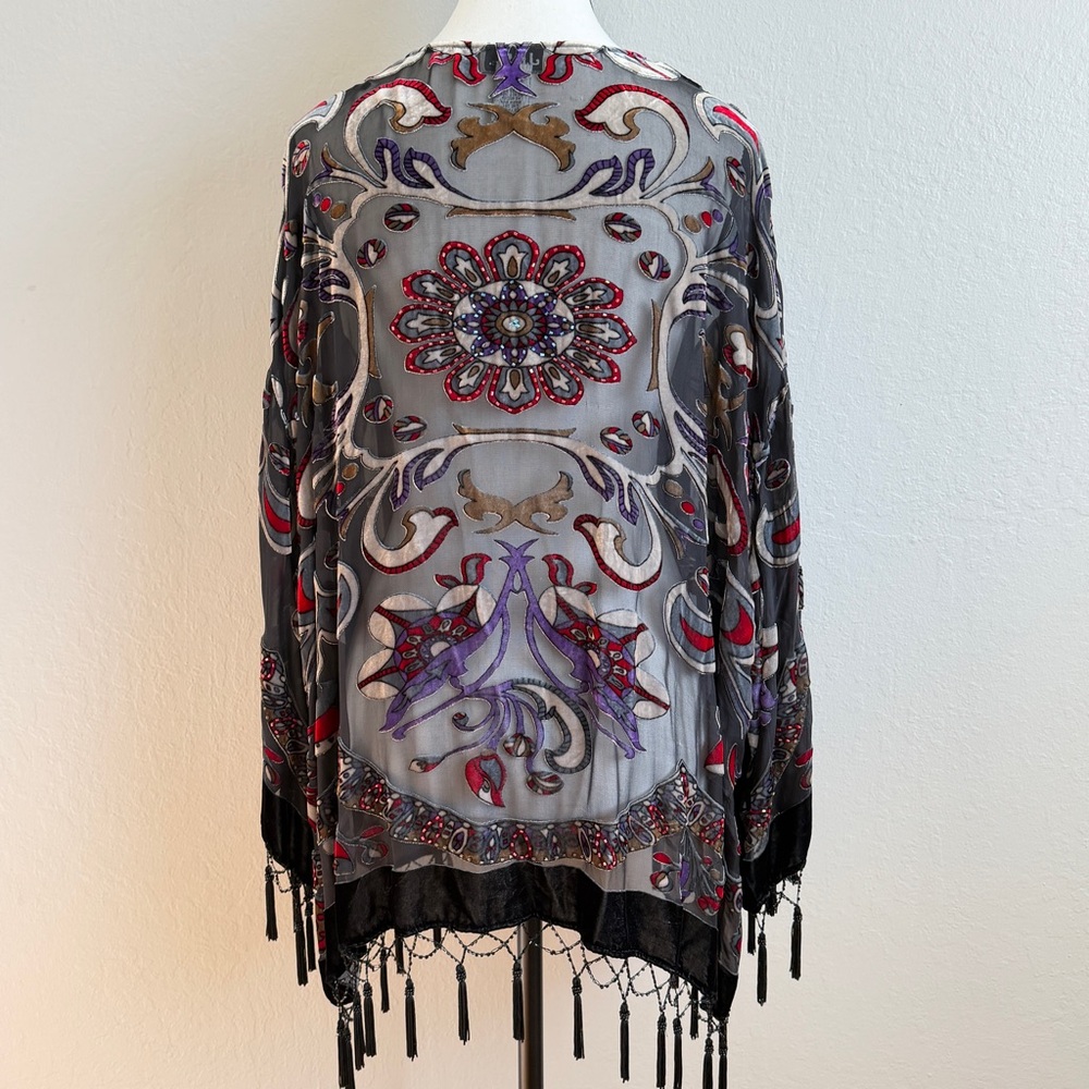 Vtg J.B.S. Silk Burnout Velvet Kimono Beaded Fringe Boho Whimsigoth - Picture 2 of 8